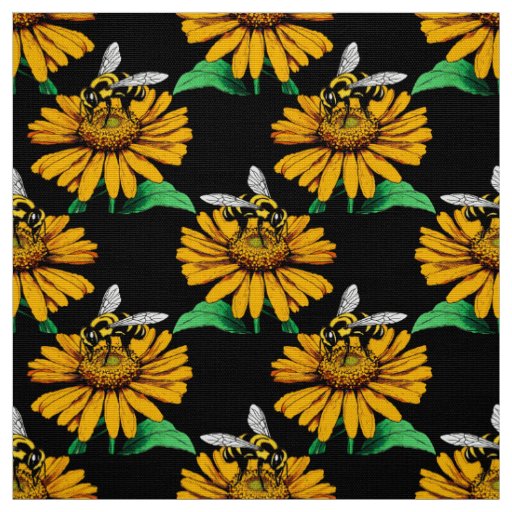 Bee on Sunflower Flower Pattern Design Black  Fabric