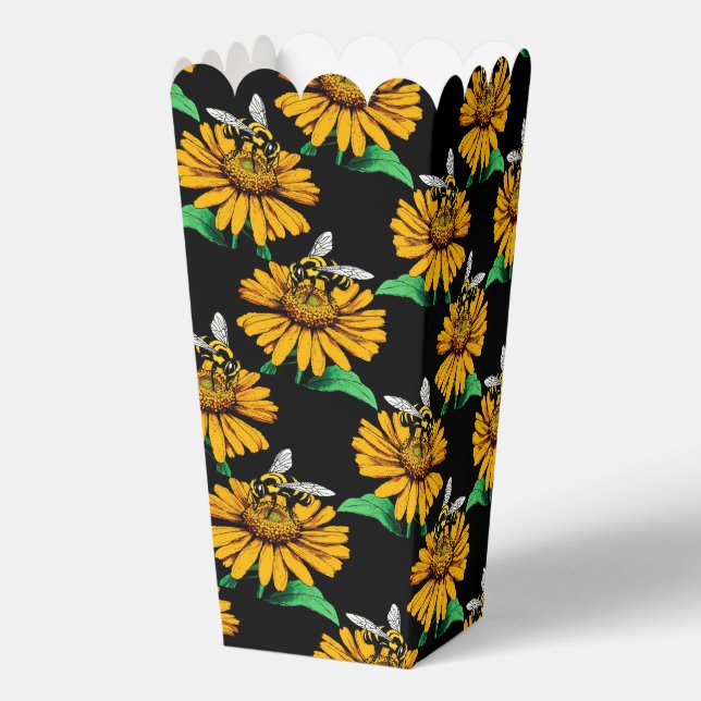 Bee on Sunflower Flower Pattern Design Black  Favor Boxes (Back)