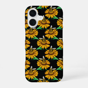 Bee on Sunflower Flower Pattern Design Black iPhone 16 Case