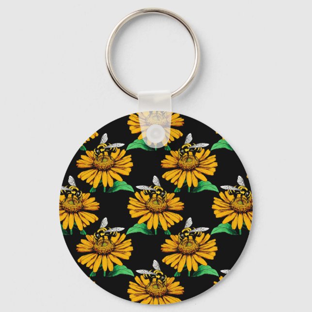 Bee on Sunflower Flower Pattern Design Black  Keychain (Front)