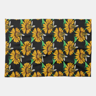 Bee on Sunflower Flower Pattern Design Black  Kitchen Towel