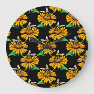 Bee on Sunflower Flower Pattern Design Black Large Clock