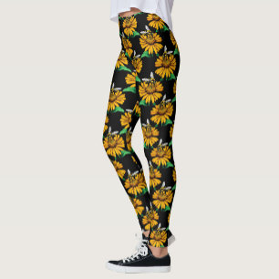 Bee on Sunflower Flower Pattern Design Black Leggings