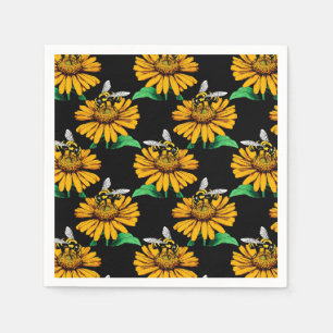 Bee on Sunflower Flower Pattern Design Black  Napkins