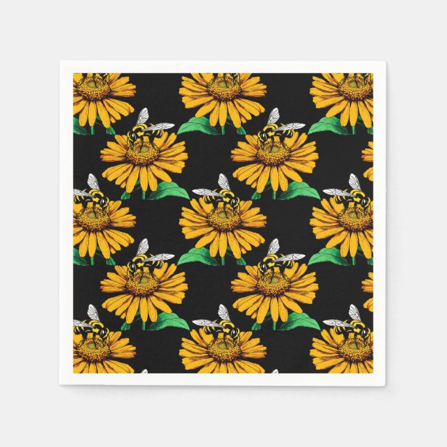 Bee on Sunflower Flower Pattern Design Black  Napkins (Front)