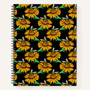Bee on Sunflower Flower Pattern Design Black  Notebook