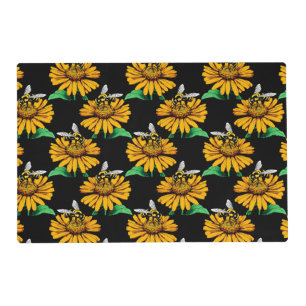 Bee on Sunflower Flower Pattern Design Black Placemat