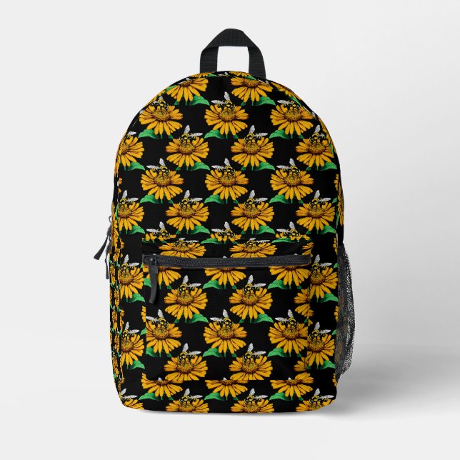 Bee on Sunflower Flower Pattern Design Black  Printed Backpack (Front)