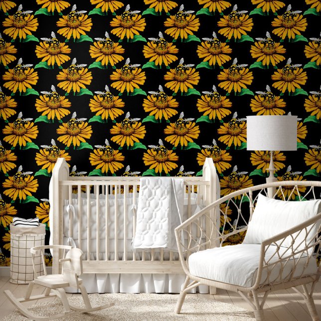 Bee on Sunflower Flower Pattern Design Black  Wallpaper (Creator Uploaded)