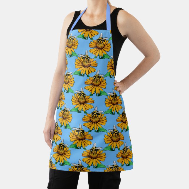 Bee on Sunflower Flower Pattern Design Blue  Apron (Insitu)