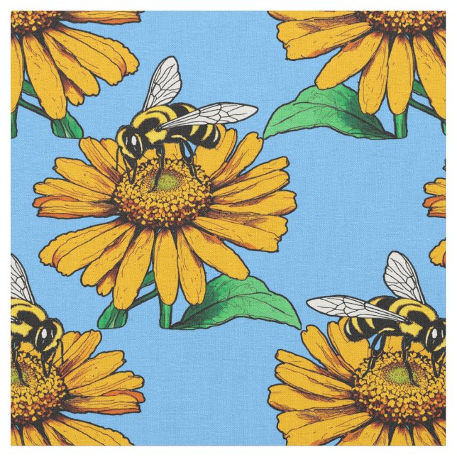 Bee on Sunflower Flower Pattern Design Blue  Fabric (Close Up)