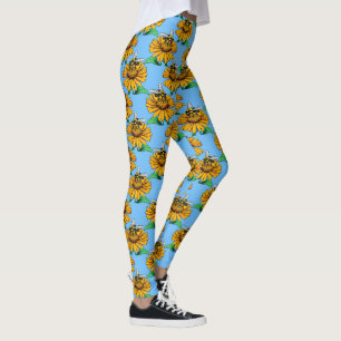 Bee on Sunflower Flower Pattern Design Blue Leggings