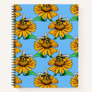 Bee on Sunflower Flower Pattern Design Blue  Notebook