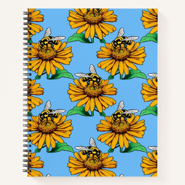 Bee on Sunflower Flower Pattern Design Blue  Notebook (Front)