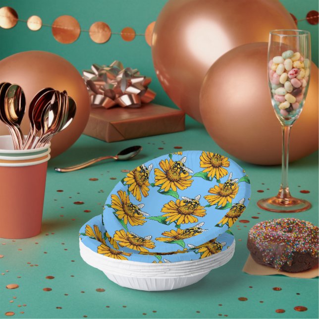 Bee on Sunflower Flower Pattern Design Blue  Paper Bowls (Multi)