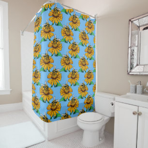 Bee on Sunflower Flower Pattern Design Blue Shower Curtain