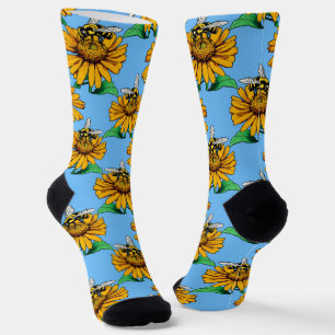 Bee on Sunflower Flower Pattern Design Blue  Socks