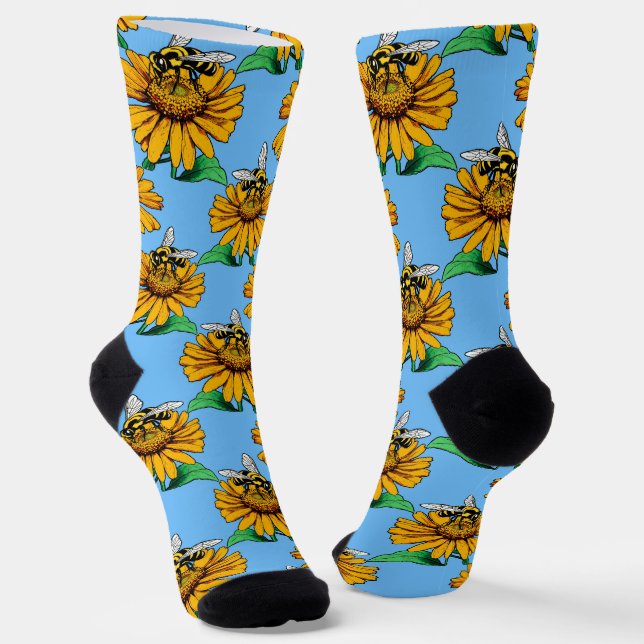 Bee on Sunflower Flower Pattern Design Blue  Socks (Angled)