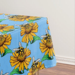 Bee on Sunflower Flower Pattern Design Blue Tablecloth