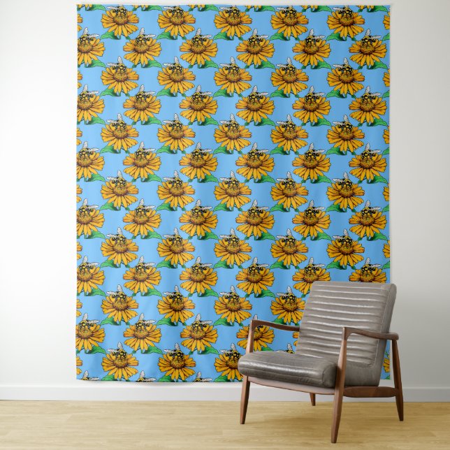 Bee on Sunflower Flower Pattern Design Blue  Tapestry (In Situ)