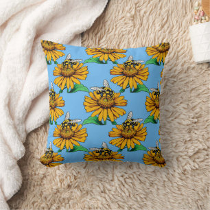 Bee on Sunflower Flower Pattern Design Blue Throw Pillow