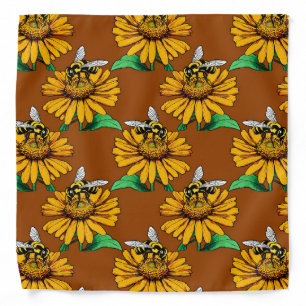 Bee on Sunflower Flower Pattern Design Brown Bandana