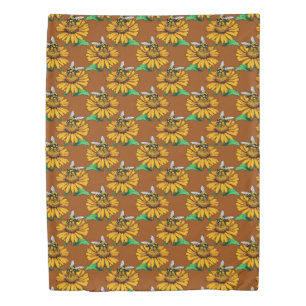 Bee on Sunflower Flower Pattern Design Brown Duvet Cover