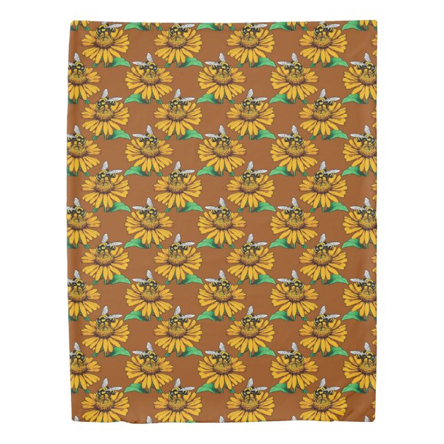 Bee on Sunflower Flower Pattern Design Brown  Duvet Cover (Front)