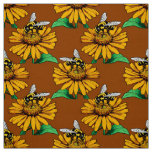 Bee on Sunflower Flower Pattern Design Brown  Fabric