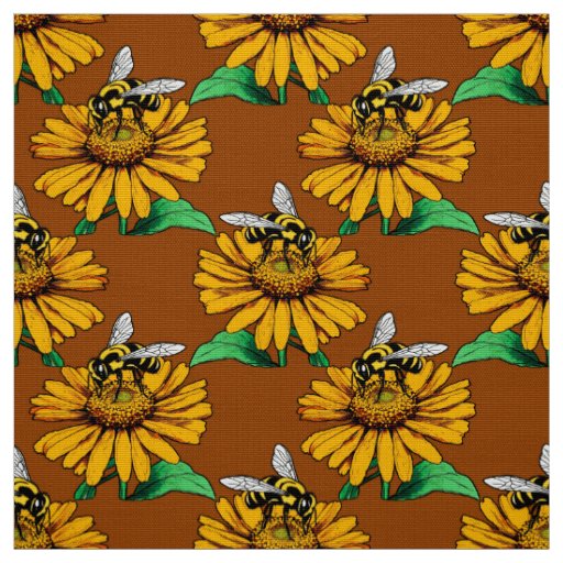 Bee on Sunflower Flower Pattern Design Brown  Fabric