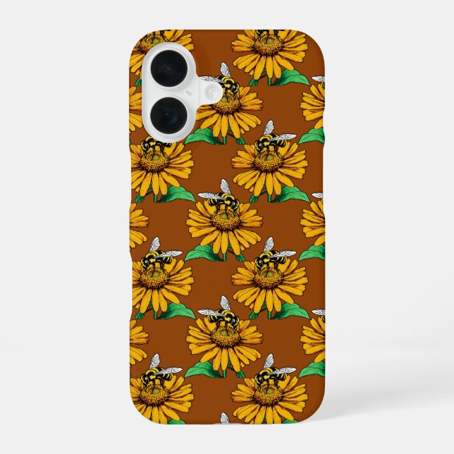 Bee on Sunflower Flower Pattern Design Brown  Iphone Case (Back)