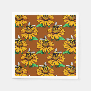 Bee on Sunflower Flower Pattern Design Brown  Napkins