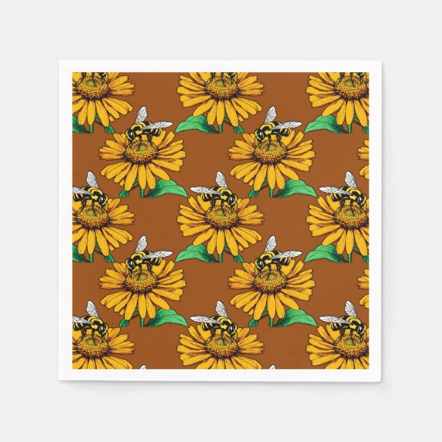 Bee on Sunflower Flower Pattern Design Brown  Napkins (Front)