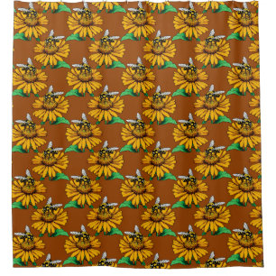 Bee on Sunflower Flower Pattern Design Brown  Shower Curtain