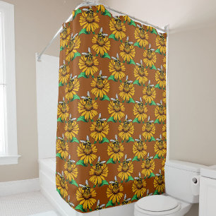 Bee on Sunflower Flower Pattern Design Brown Shower Curtain