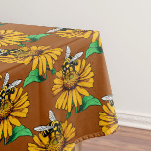 Bee on Sunflower Flower Pattern Design Brown Tablecloth