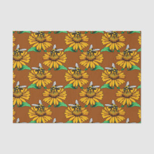 Bee on Sunflower Flower Pattern Design Brown  Tissue Paper