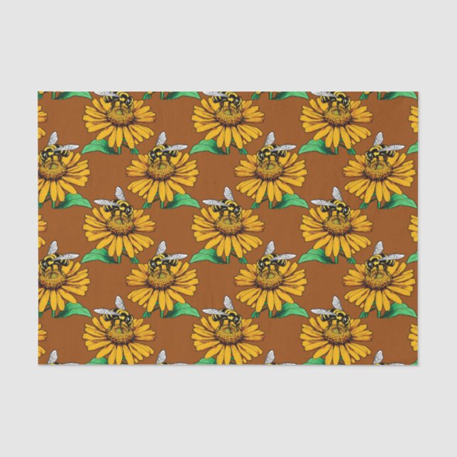 Bee on Sunflower Flower Pattern Design Brown  Tissue Paper (Front)