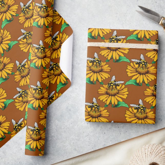 Bee on Sunflower Flower Pattern Design Brown  Wrapping Paper (Creator Uploaded)