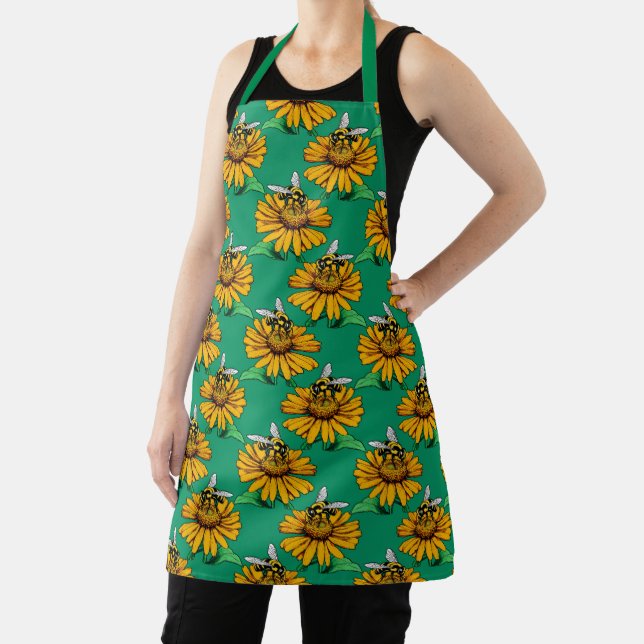 Bee on Sunflower Flower Pattern Design Green  Apron (Insitu)
