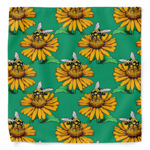 Bee on Sunflower Flower Pattern Design Green Bandana