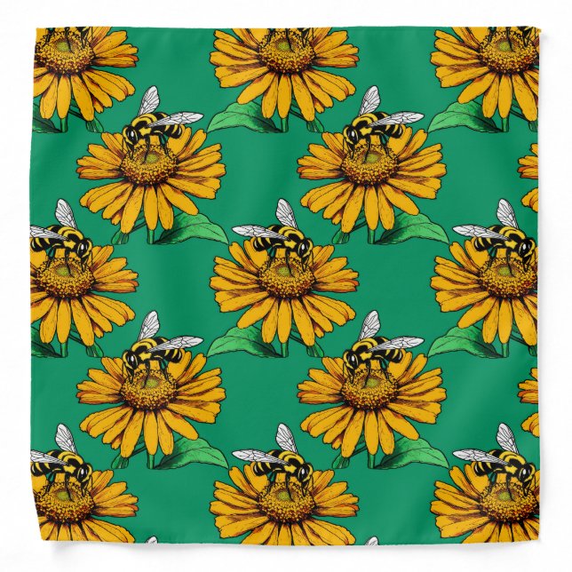 Bee on Sunflower Flower Pattern Design Green  Bandana (Front)