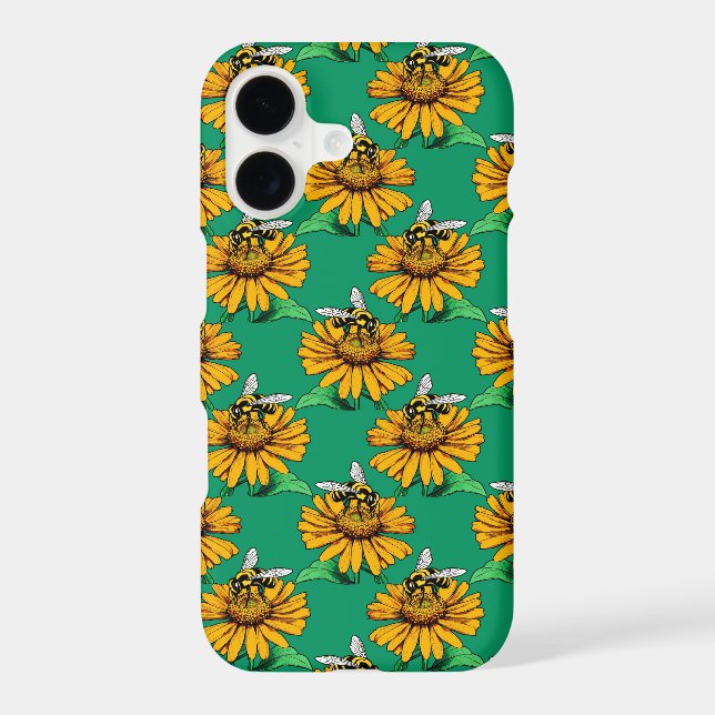 Bee on Sunflower Flower Pattern Design Green  Case-Mate iPhone Case (Back)