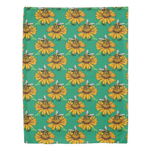 Bee on Sunflower Flower Pattern Design Green  Duvet Cover