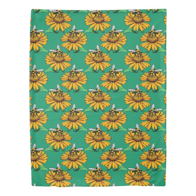 Bee on Sunflower Flower Pattern Design Green  Duvet Cover (Front)
