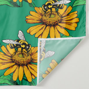 Bee on Sunflower Flower Pattern Design Green Fabric