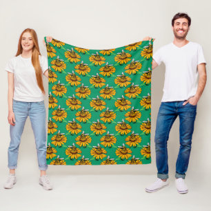 Bee on Sunflower Flower Pattern Design Green Fleece Blanket
