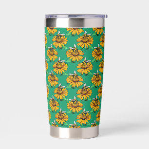 Bee on Sunflower Flower Pattern Design Green Insulated Tumbler