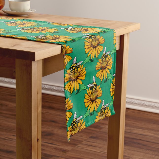 Bee on Sunflower Flower Pattern Design Green  Short Table Runner (In Situ)