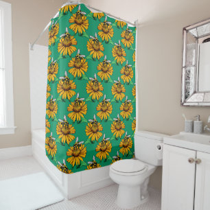 Bee on Sunflower Flower Pattern Design Green  Shower Curtain